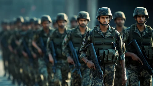 Armed soldiers in camouflage uniforms march in tight formation