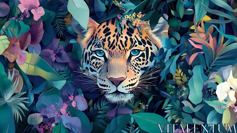 Leopard Portrait in Floral Sanctuary: Digital Illustration.