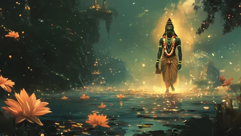 Divine figure crossing lotus pond in luminous digital painting.