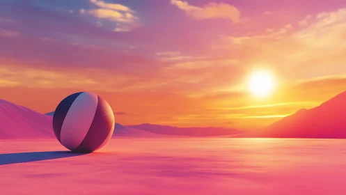 Striped ball on flat terrain under saturated sunset sky.
