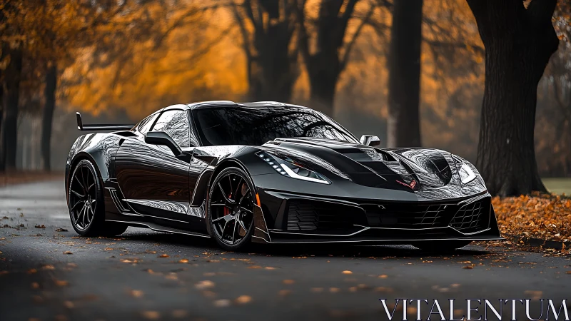 Aerodynamic black supercar in autumn woodland roadway environment.