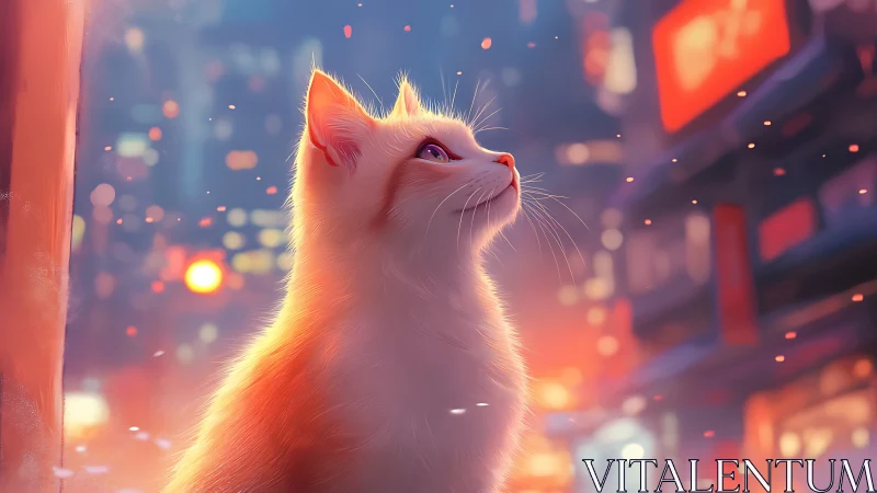 White Cat Gazing at Neon Cityscape Lights.