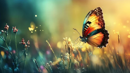 Butterfly on wildflowers in shallow depth of field field scene.