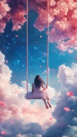 Girl on a celestial swing drifts through glowing dream clouds