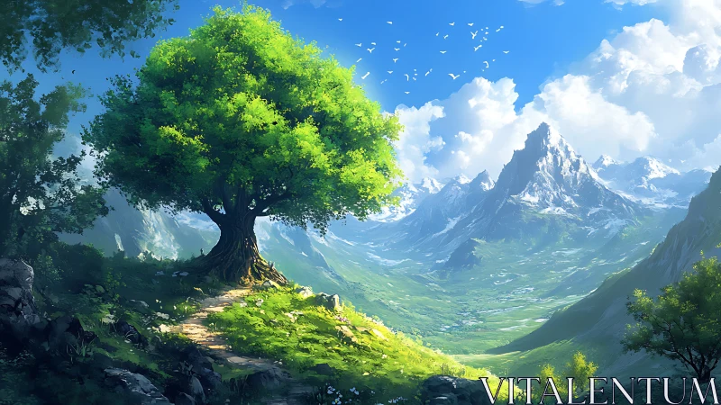 Lone emerald tree overlooking sunlit alpine valley vista.