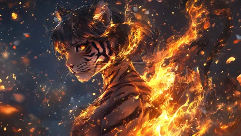 Fierce tiger hybrid turns to gaze through swirling wildfire