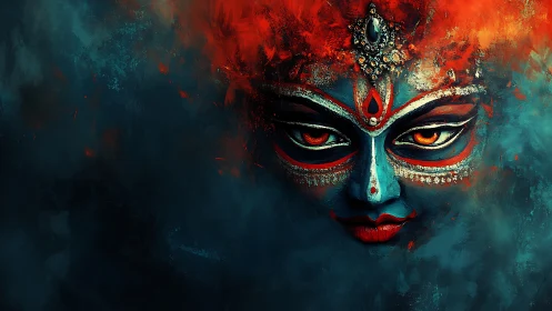 Mythic blue goddess visage in fiery teal atmospheric shroud