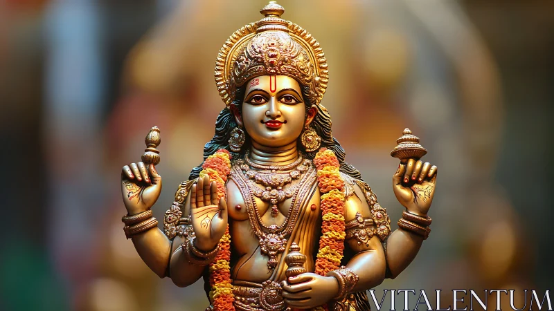 Radiant four-armed deity glows in garlanded golden stillness