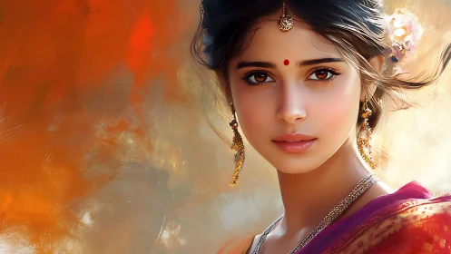 Digital portrait of adorned woman with bokeh diffusion field.