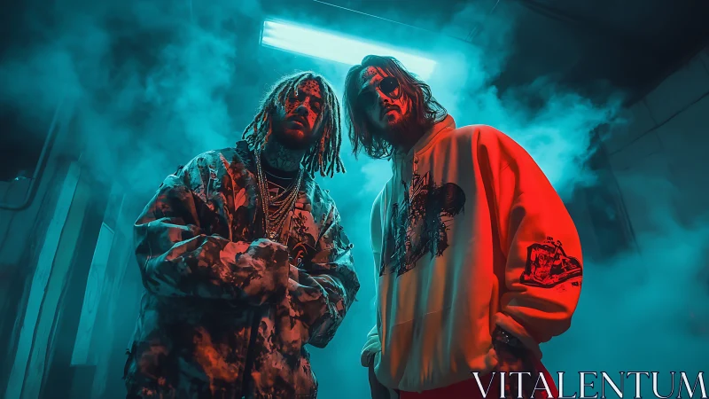 Neon smoke rappers under electric blue warehouse glow.