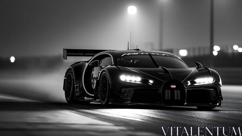 High-performance race car is captured on a dimly lit track