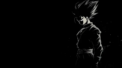 Dark anime warrior silhouette on stark black background.