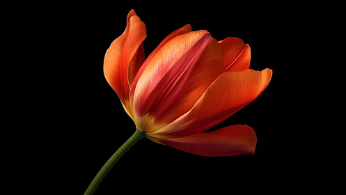 Crimson Tulip Unfolds: Silken Petals Blaze Against Darkness.