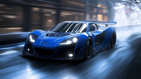 Electric blue supercar races through a wet neon city street.