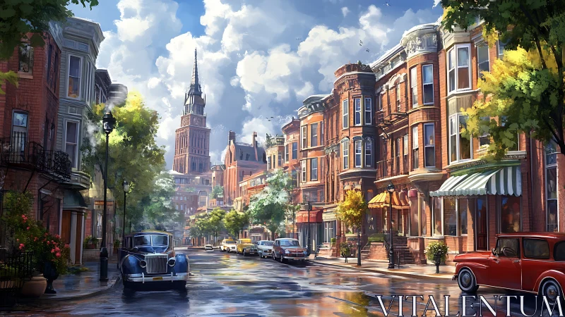 Sunny historic city street with vintage cars and brick homes.