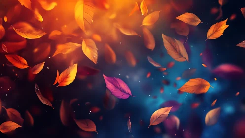 Autumn leaves swirl across a blurred blue and orange sky