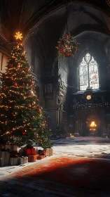 Gothic cathedral nave with illuminated Christmas tree and snowfall