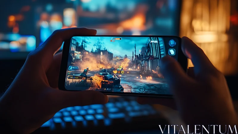 Mobile gamer immersed in a cinematic action shooter world