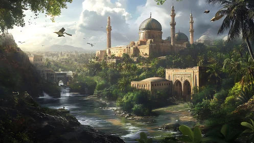 Golden riverside city glows beside domes, towers, and palms