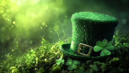 Glittering leprechaun hat rests in a glowing forest glade