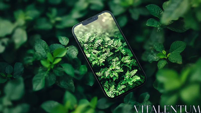 Smartphone screen mirrors lush fern foliage in nature.