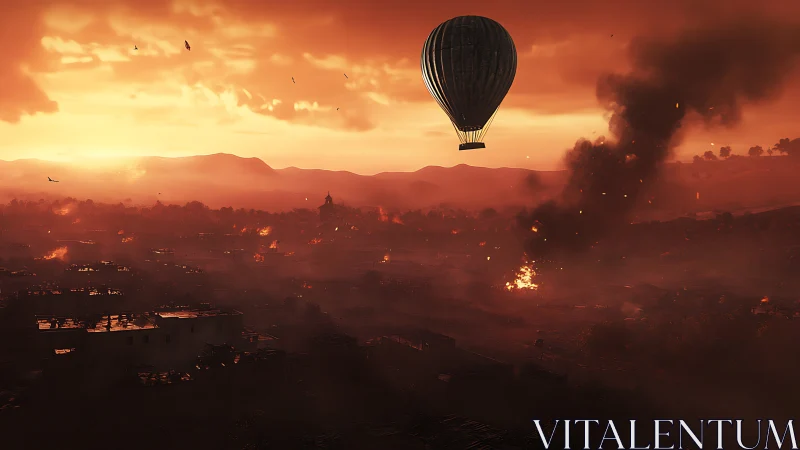 Lonely hot air balloon drifting over a burning dusk horizon.