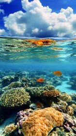 Coral reef panorama with split ocean sky perspective.