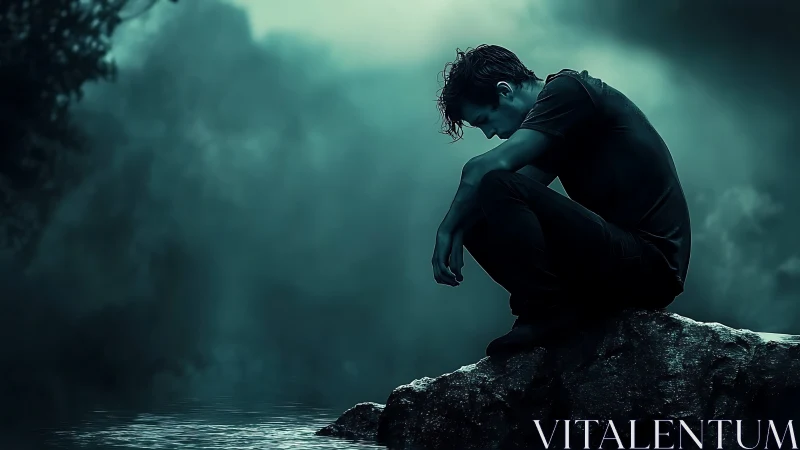 Moody male silhouette on rock above still reflective water.