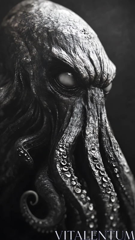 Brooding cephalopod elder in stark monochrome close-up portrait.