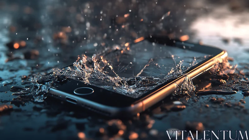 Shimmering raindrops exploding across a wet smartphone surface.