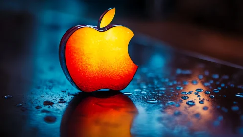 Glossy apple-shaped logo on wet reflective surface at night.