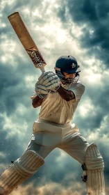 Kinetic cricket batsman under storm-lit atmospheric sky.