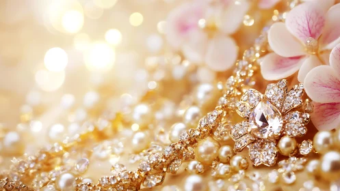 Macro view isolates jeweled floral brooch amid pearls and bokeh