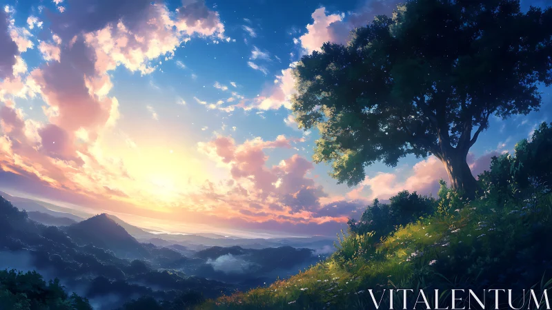 Sunlit valley landscape shows distant hills and lone tree