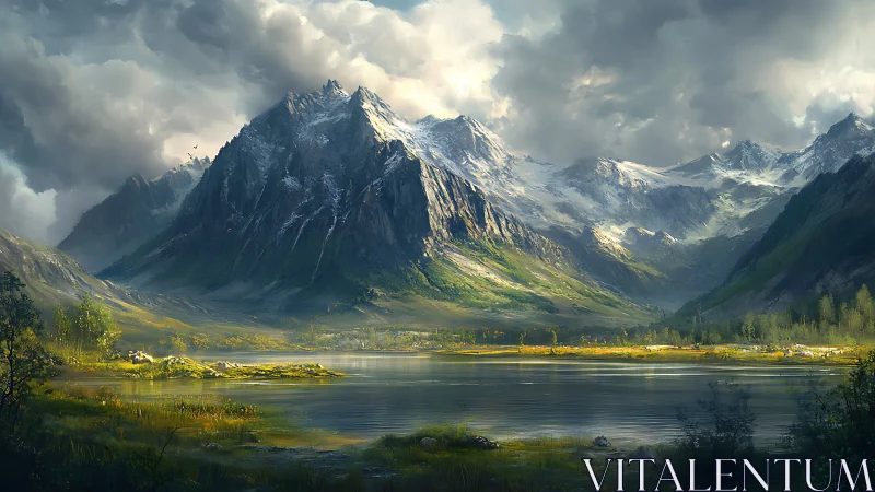 Digital painting of alpine lake basin with glacial mountain massifs.