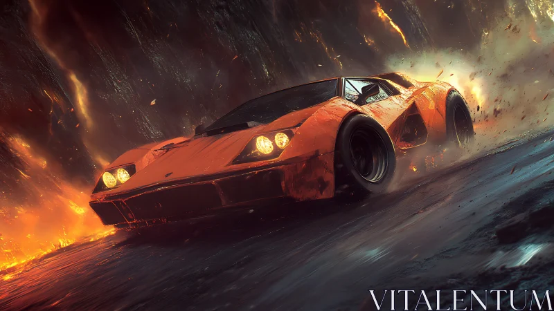 Orange supercar drifts through molten canyon inferno.