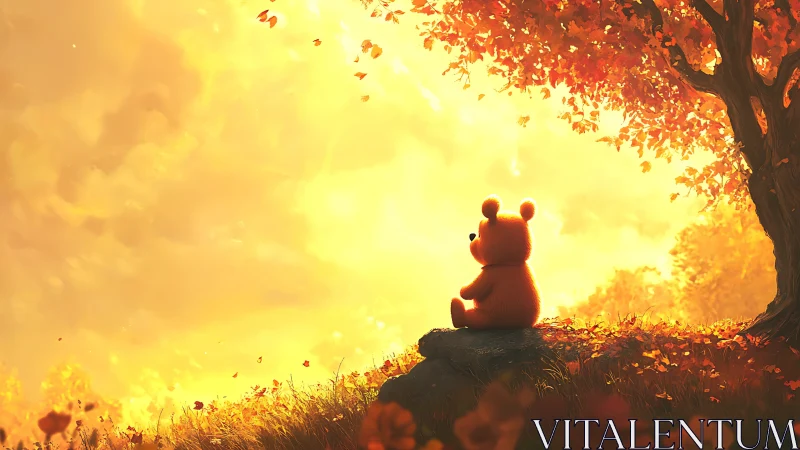 Soft toy philosopher savors a molten honey autumn sky