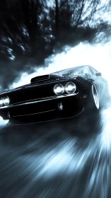 Muscle car drifts through mist on rain slicked forest road.