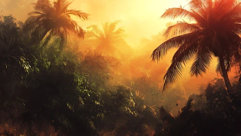 Dense tropical canopy under strong backlit sunset glow.