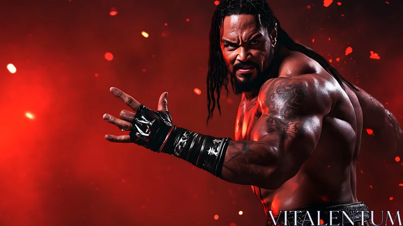 Powerful fighter lunging forward under intense red lighting