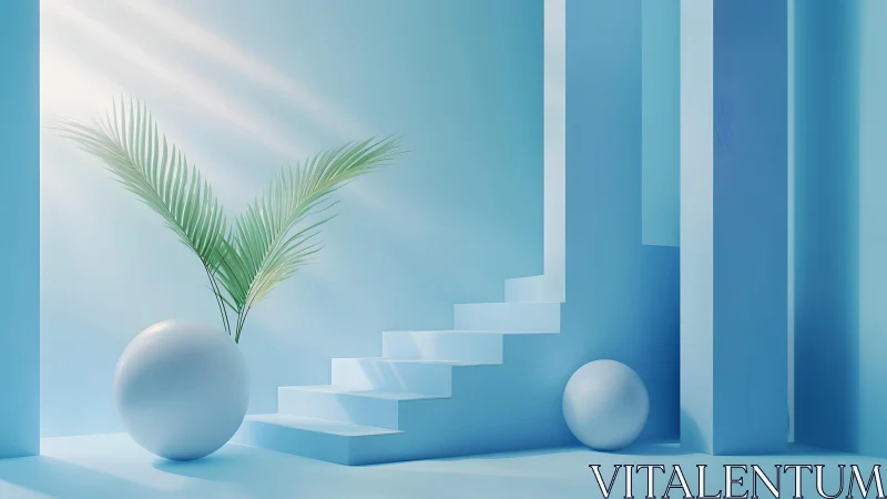 Minimalist blue interior with geometric shapes and palm leaf, modern style.