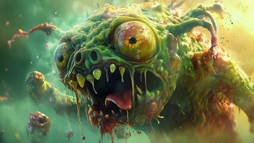 Grotesque alien creature roars in a swirling toxic mist