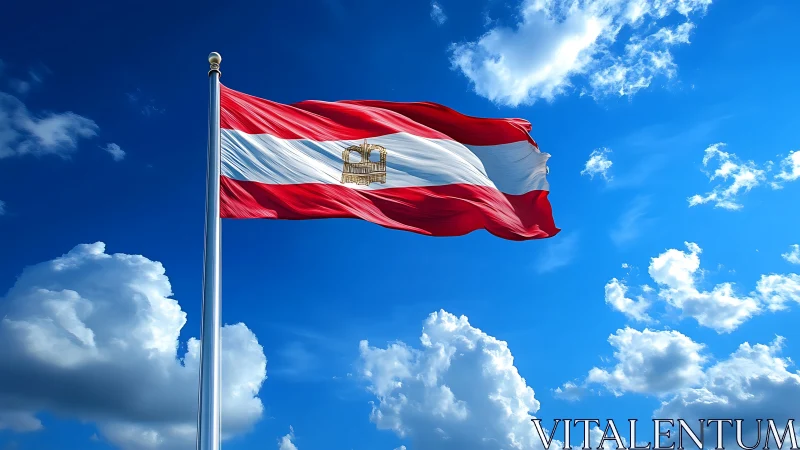 Peru national flag with coat of arms waving against sky.