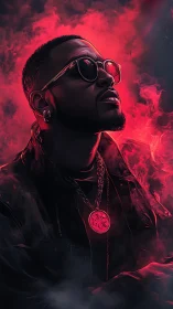Neon red backlit portrait of man in leather jacket and smoke