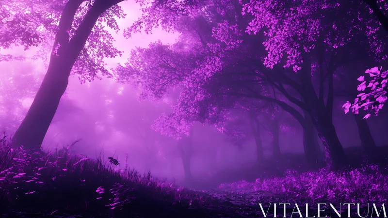 Mystical Purple Forest Shrouded in Ethereal Mist.