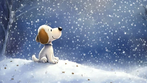 Cartoon puppy watching gentle snowfall on winter hill.