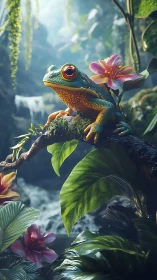 Red-eyed jungle guardian perched in misty orchid haven.