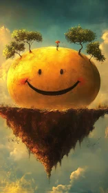 Smiling floating island world with tiny dreamer atop.