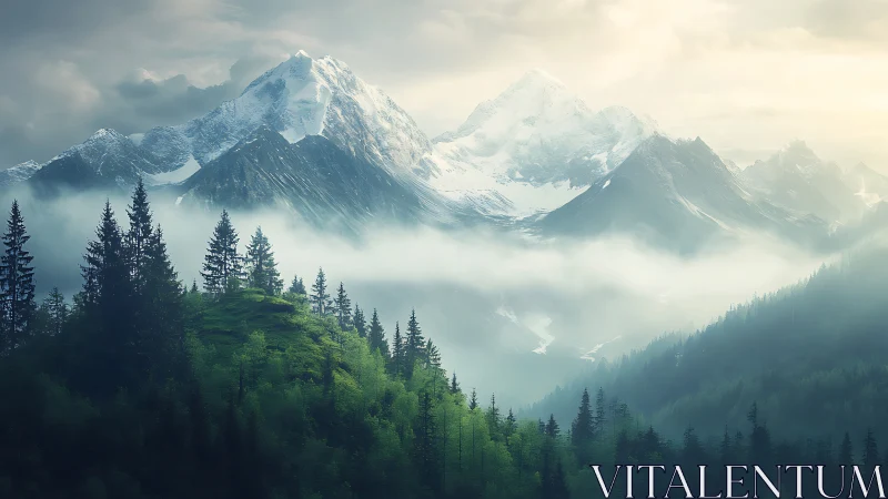 Misty emerald treeline whispers beneath glacial mountain giants