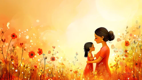 Golden Hour Embrace: Mother and Child in Bloom.